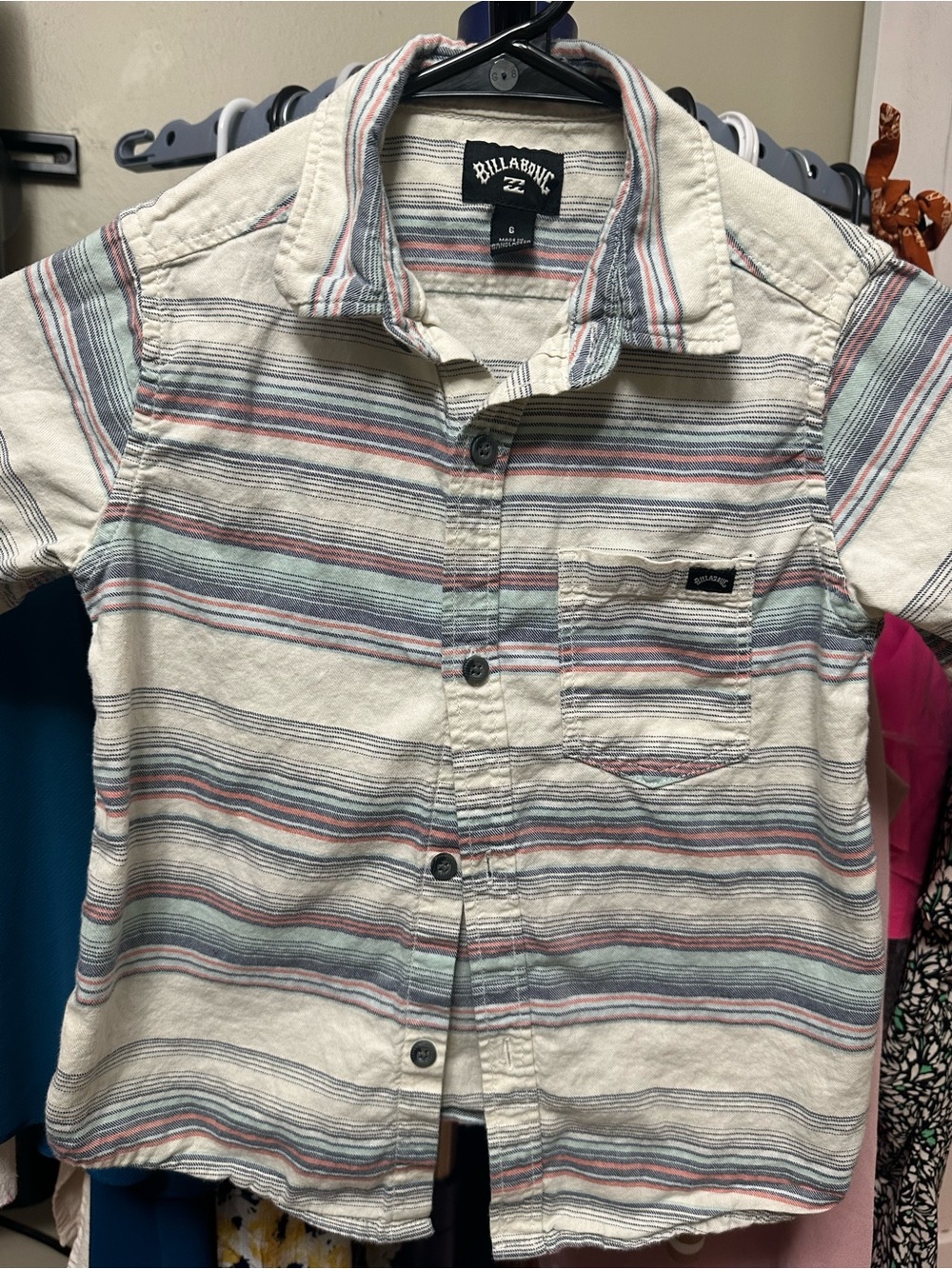 Billabong Kids Cream Button-Down Shirt with Blue & Pink Stripes
